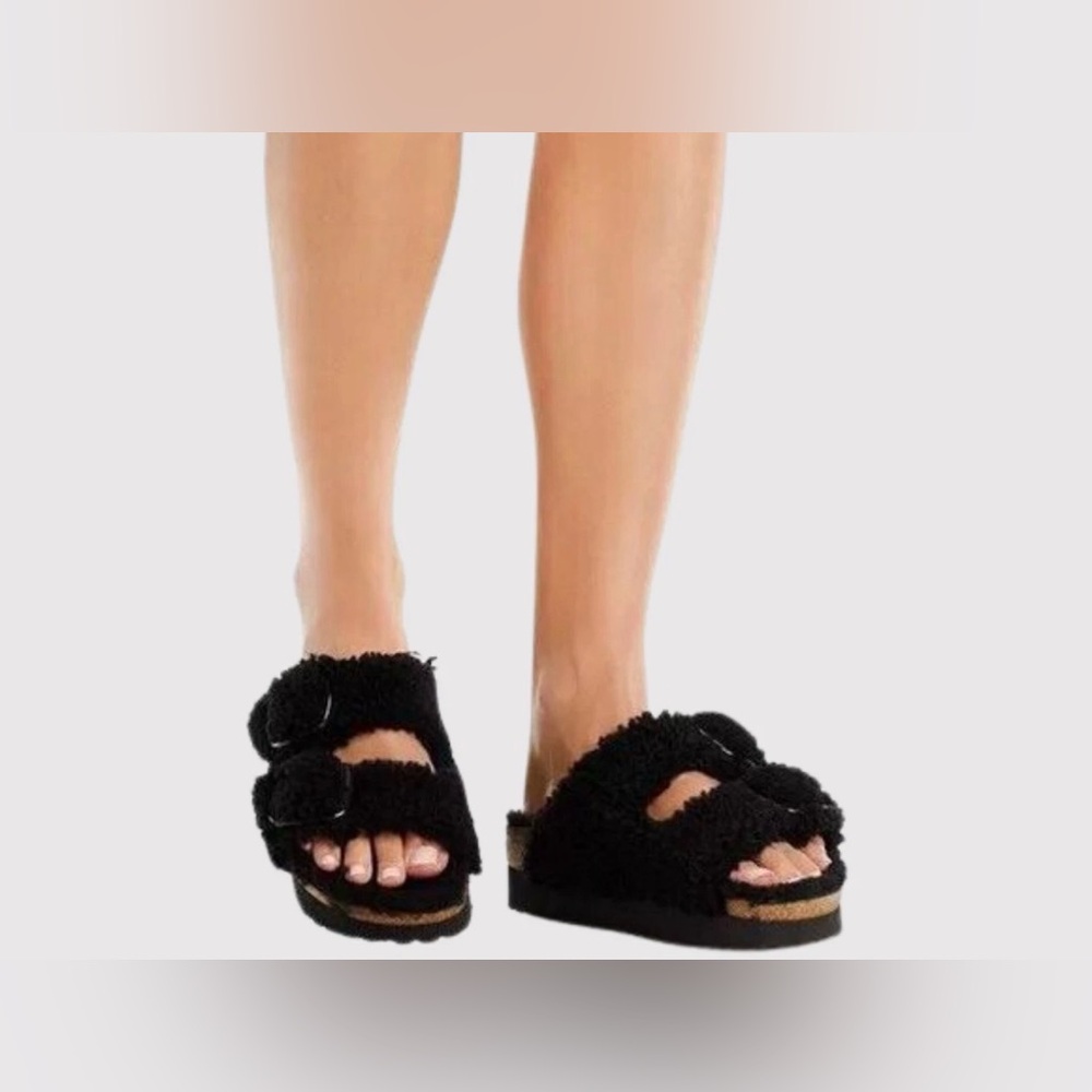 BIRKENSTOCK Papillio Arizona Shearling Teddy Black slide sandals